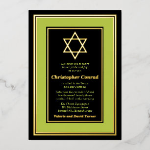 Lime Green Gold Foil Star of David Bar Mitzvah Invitation