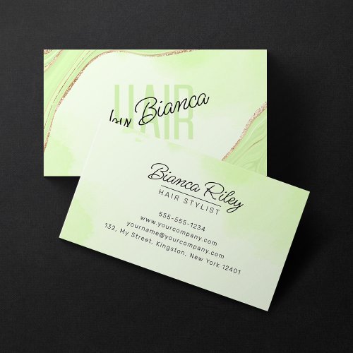 Lime Green Gold Glitter Agate Hair Stylist Salon Business Card