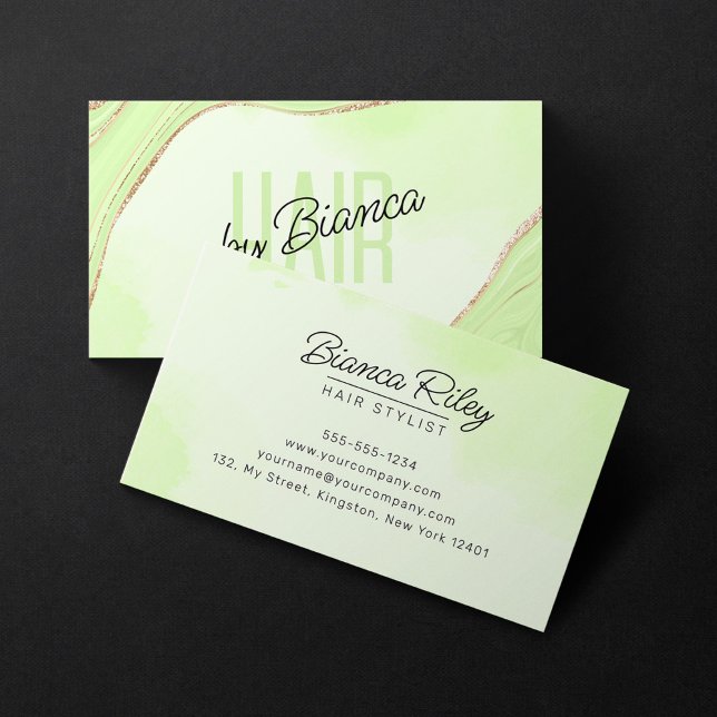Lime Green Gold Glitter Agate Hair Stylist Salon Business Card (Creator Uploaded)