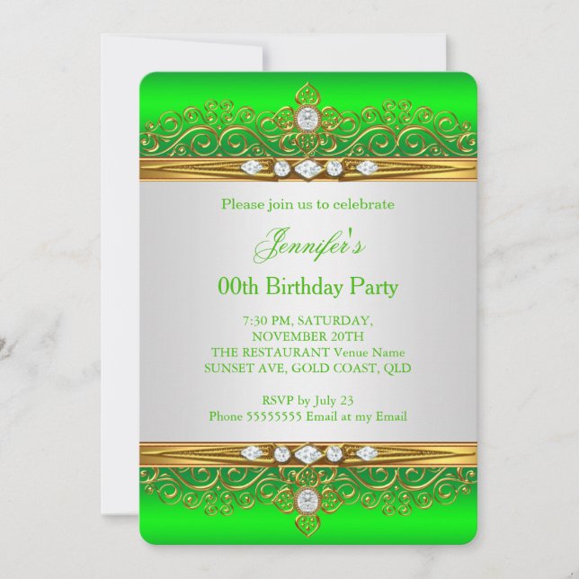 Lime Green Gold White Diamond Birthday Party Invitation (Front)