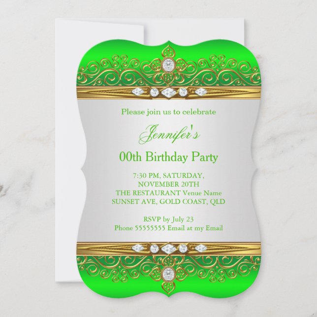 Lime Green Gold White Diamond Birthday Party Invitation (Front)
