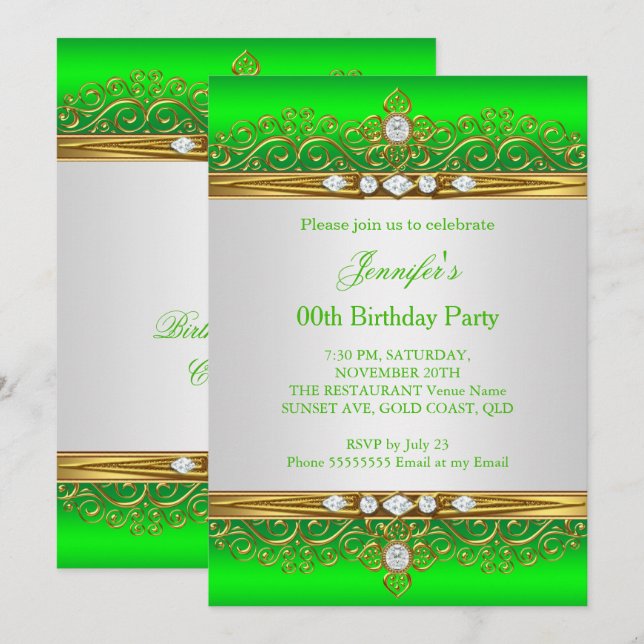 Lime Green Gold White Diamond Birthday Party Invitation (Front/Back)