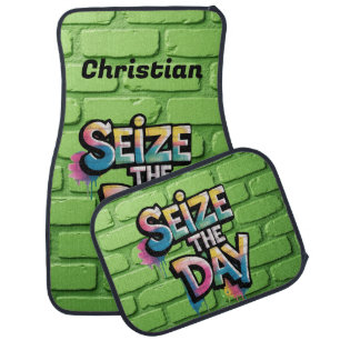Lime Green Graffiti Seize The Day Car Floor Mat
