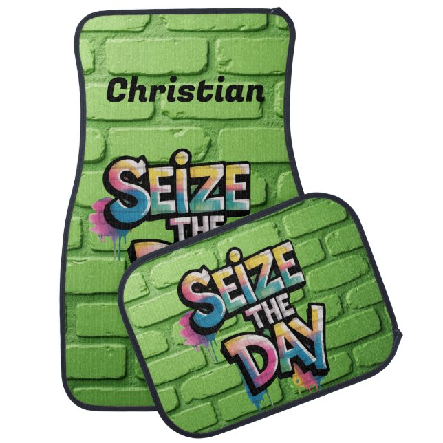 Lime Green Graffiti Seize The Day Car Floor Mat (Set)