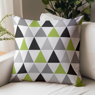 Lime Green, Gray, Black Triangles on White Throw Pillow