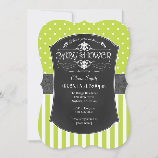 Lime Green Gray Chalkboard Stripes Baby Shower Invitation (Front)