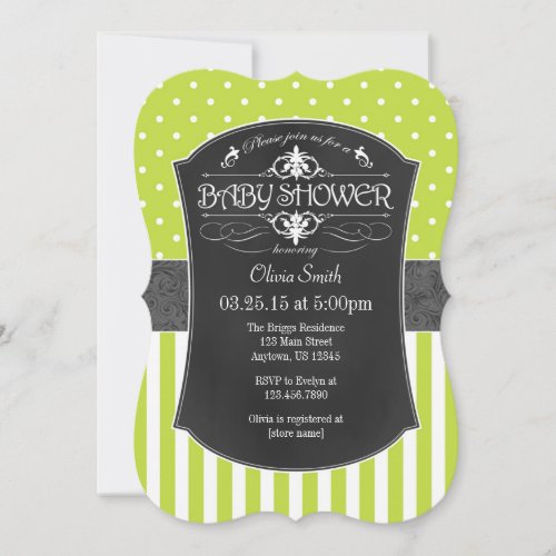Lime Green Gray Chalkboard Stripes Baby Shower Invitation