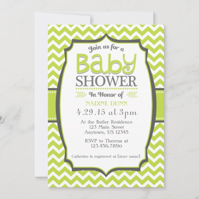 Lime Green Gray Chevron Baby Shower Invitation (Front)