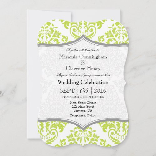 Lime Green Gray Damask Bracket Wedding Invite