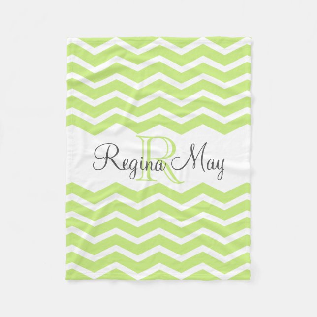 Lime Green Gray Monogram Name Keepsake Chevron Fleece Blanket (Front)