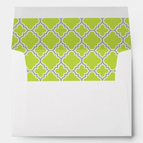 Lime Green Gray Quatrefoil Pattern Lined Envelope