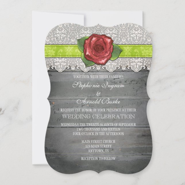 Lime Green Gray Rustic Wood Rose Wedding Invite (Front)
