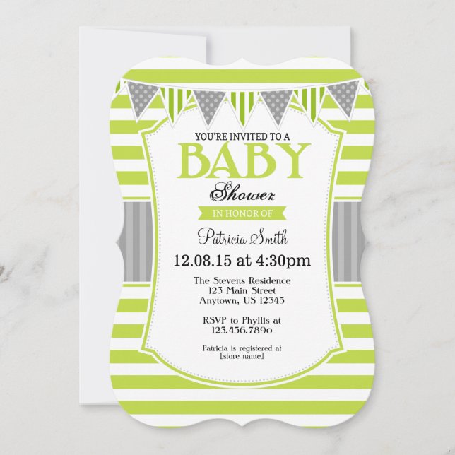 Lime Green Gray Stripes Baby Shower Invitation (Front)