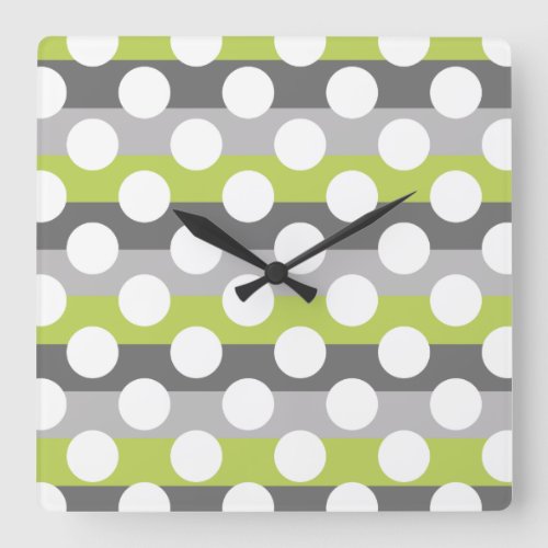 Lime Green Gray White Modern Polka Dot Pattern Square Wall Clock