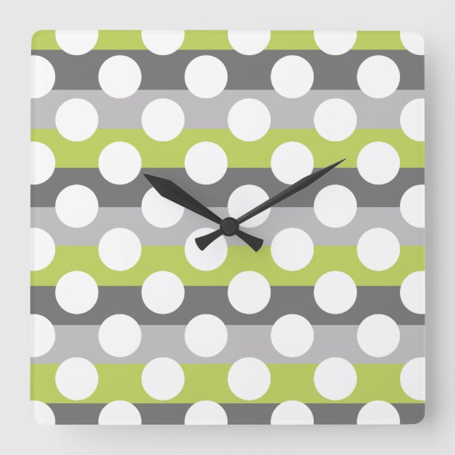 Lime Green Gray White Modern Polka Dot Pattern Square Wall Clock (Front)