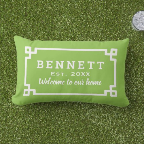 Lime Green Greek Key Custom Monogram Welcome Lumbar Pillow