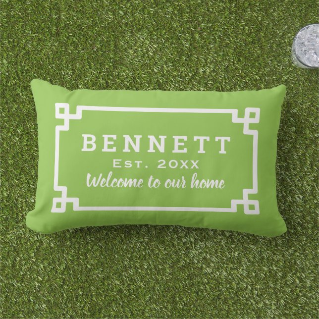 Lime Green Greek Key Monogram Welcome Lumbar Pillow (Grass)