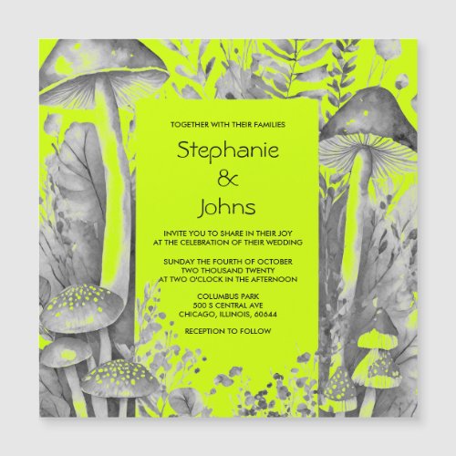 Lime Green Grey Black Woodland Mushroom Wedding Magnetic Invitation