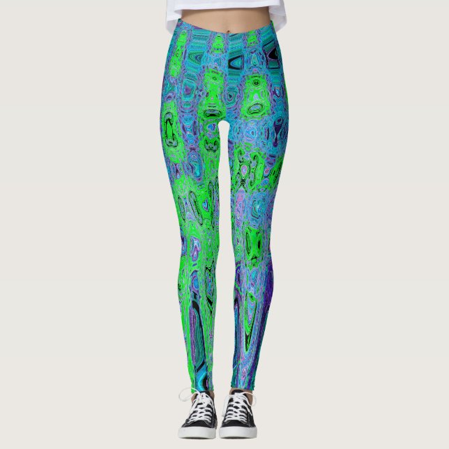 Lime Green Groovy Abstract Retro Atomic Waves Leggings (Front)