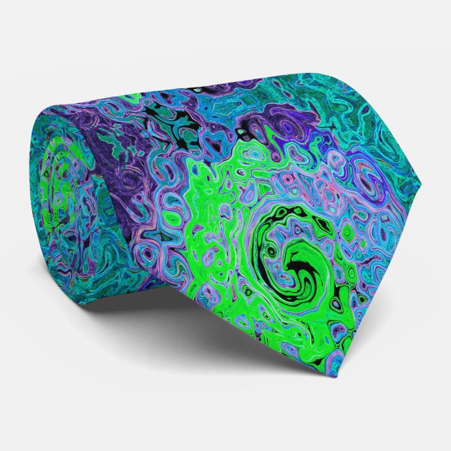 Lime Green Groovy Abstract Retro Liquid Swirl Neck Tie (Rolled)