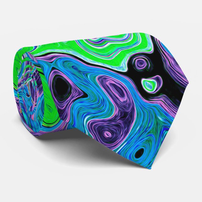 Lime Green Groovy Abstract Retro Liquid Swirl Neck Tie (Rolled)