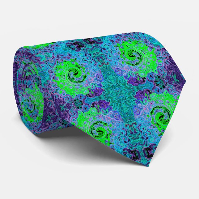 Lime Green Groovy Abstract Retro Liquid Swirl Neck Tie (Rolled)