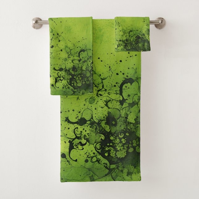 Lime Green Grunge with Black Accents Bath Towel Set (Insitu)