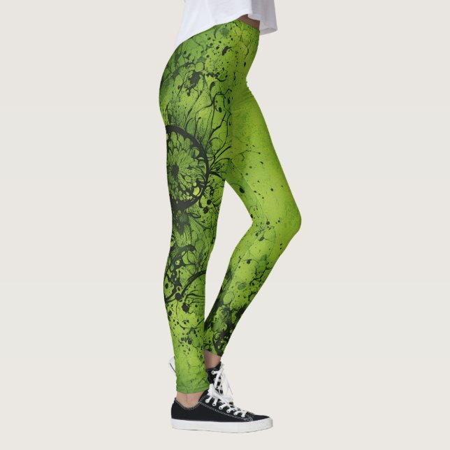 Lime Green Grunge with Black Accents Leggings (Right)