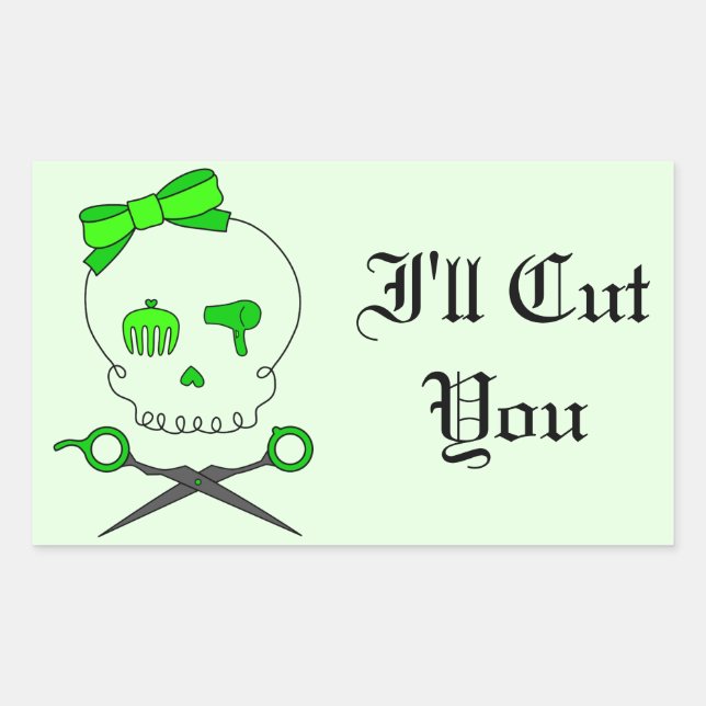 Lime Green Hair Stylist Skull & Scissor Crossbones Rectangular Sticker (Front)