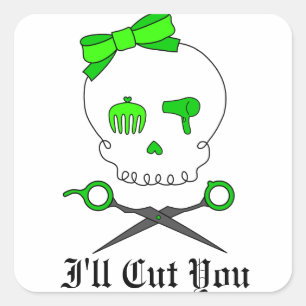 Lime Green Hair Stylist Skull & Scissor Crossbones Square Sticker
