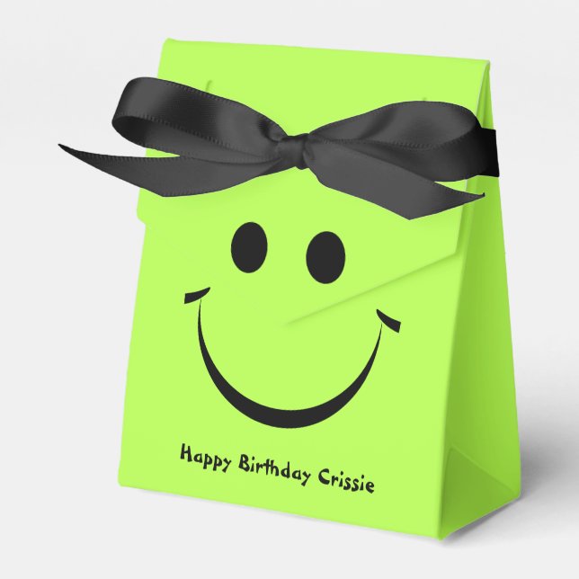 Lime Green Happy Face Personalized Birthday Favor Boxes (Front Side)