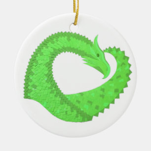 Lime green heart dragon on white ceramic ornament