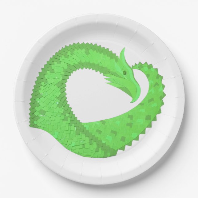 Lime green heart dragon on white paper plates (Front)