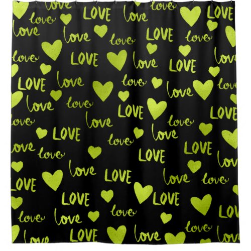Lime Green Hearts Love Black Fancy Valentine Shower Curtain