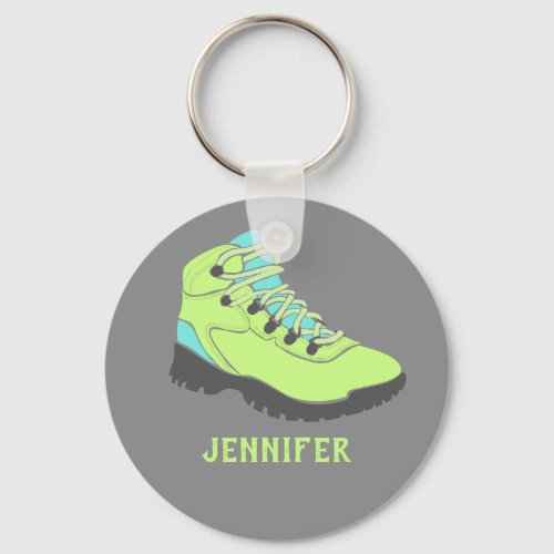 Lime Green Hiking Boot Personalized Gray Keychain