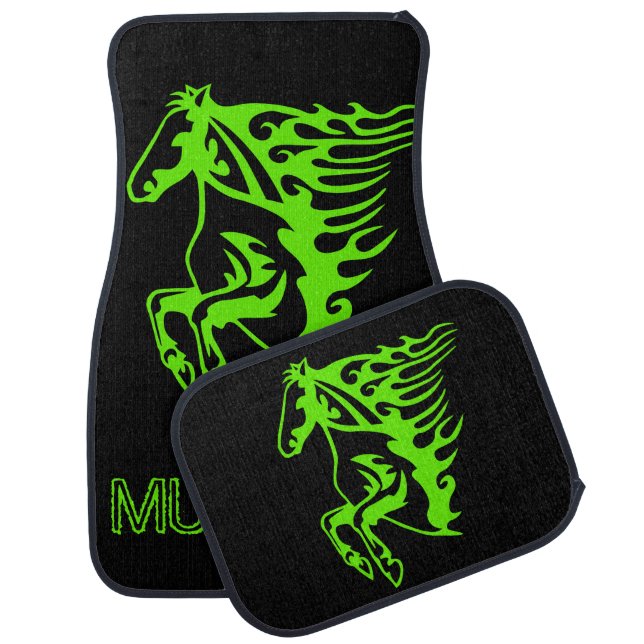 Lime Green Horse Pony Bronco Stallion Line Art Car Floor Mat (Set)