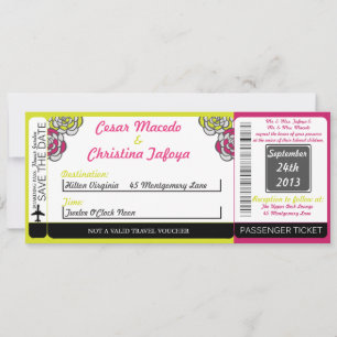 Lime Green/Hot Pi Boarding Pass Wedding Invitation