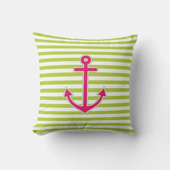 Lime Green Hot Pink Anchor Nautical Throw Pillow (Front)