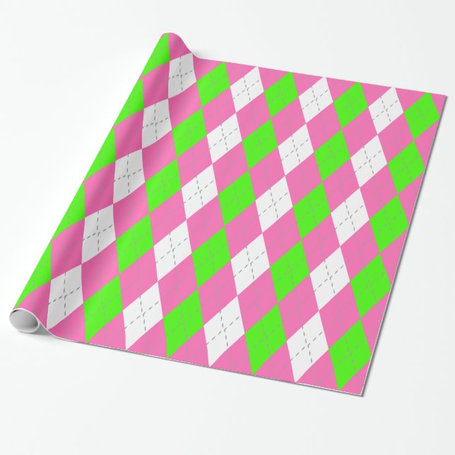 Lime Green Hot Pink Dk Gray Wht XL Argyle Wrapping Paper (Unrolled)