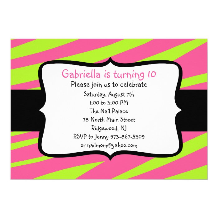 Lime Green & Hot Pink Zebra Striped Invitation