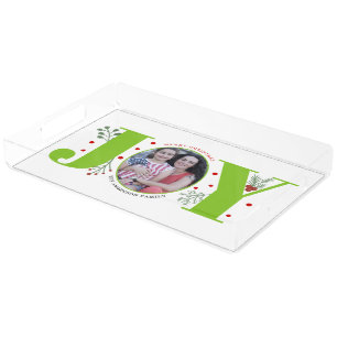 Lime green Joy and berries Christmas holiday photo Acrylic Tray