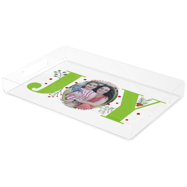 Lime green Joy and berries Christmas holiday photo Acrylic Tray (Angled)