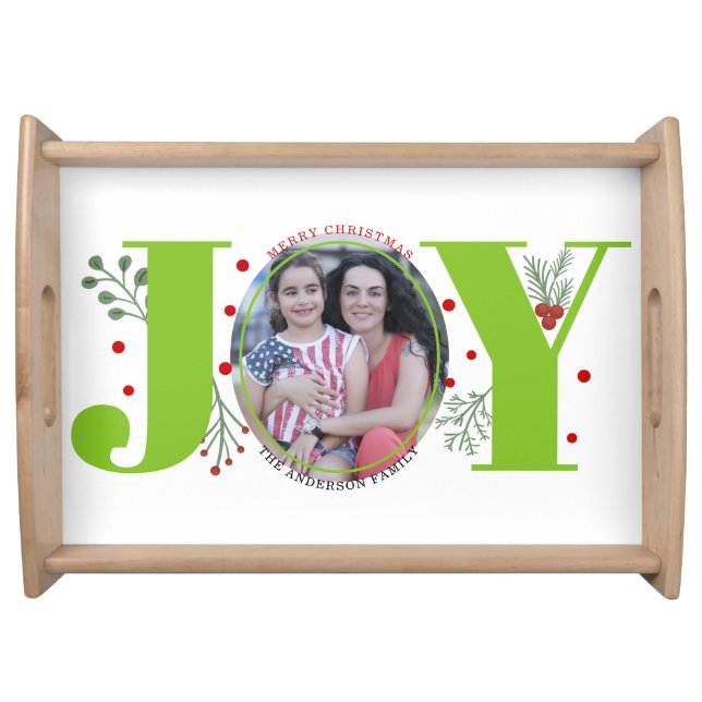 Lime green Joy and berries Christmas holiday photo Serving Tray (Front)