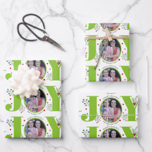 Lime green Joy and berries Christmas holiday photo Wrapping Paper Sheets