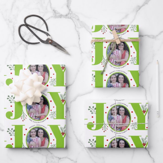 Lime green Joy and berries Christmas holiday photo Wrapping Paper Sheets (Front)