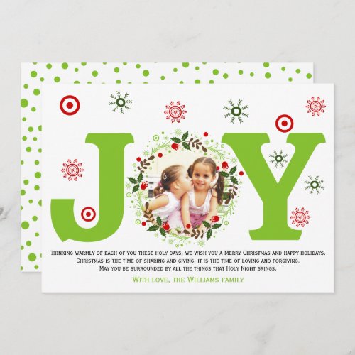 Lime green Joy and Christmas floral wreath photo Holiday Card