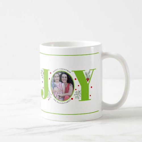 Lime green Joy with berries Christmas photo Coffee Mug