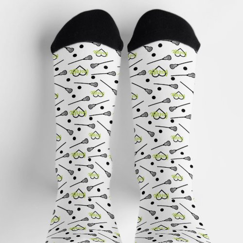 Lime Green Lacrosse Sticks and Hearts Pattern Socks