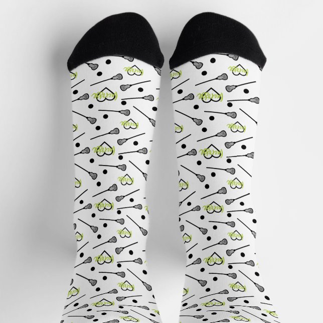 Lime Green Lacrosse Sticks and Hearts Pattern Socks (Top)