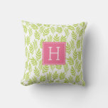 Lime Green Leaves And Pink Monogram Throw Pillow at Zazzle